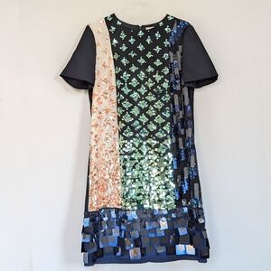 Tory Burch Sequin Color-block T-shirt Dress Short Sleeves Black Cream Blue -sz 2